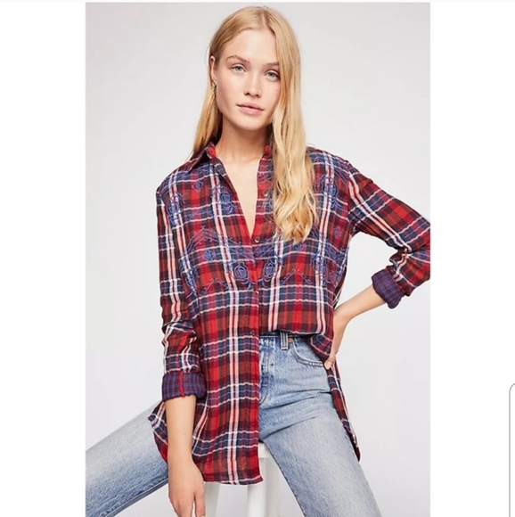 Free People Tops - Free People Magical Plaid Embroidered Button Down Shirt Small